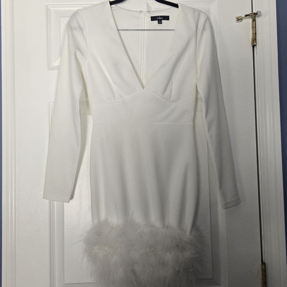 Lulu's White Long Sleeve Dress with Feather Hem - Picture 4 of 4